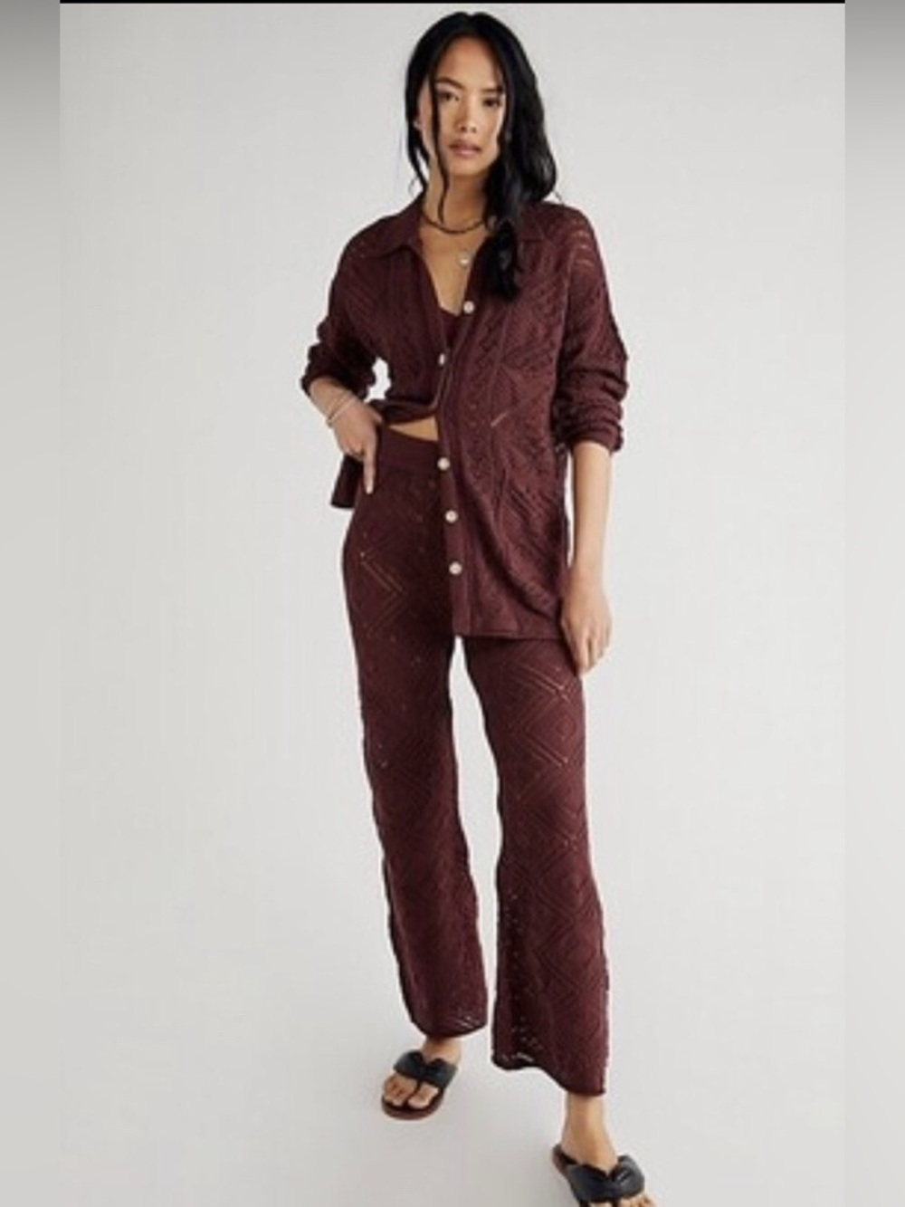 Free People FP Beach Burgundy Knit Wide Leg Pants Boho Lounge S Stretchy